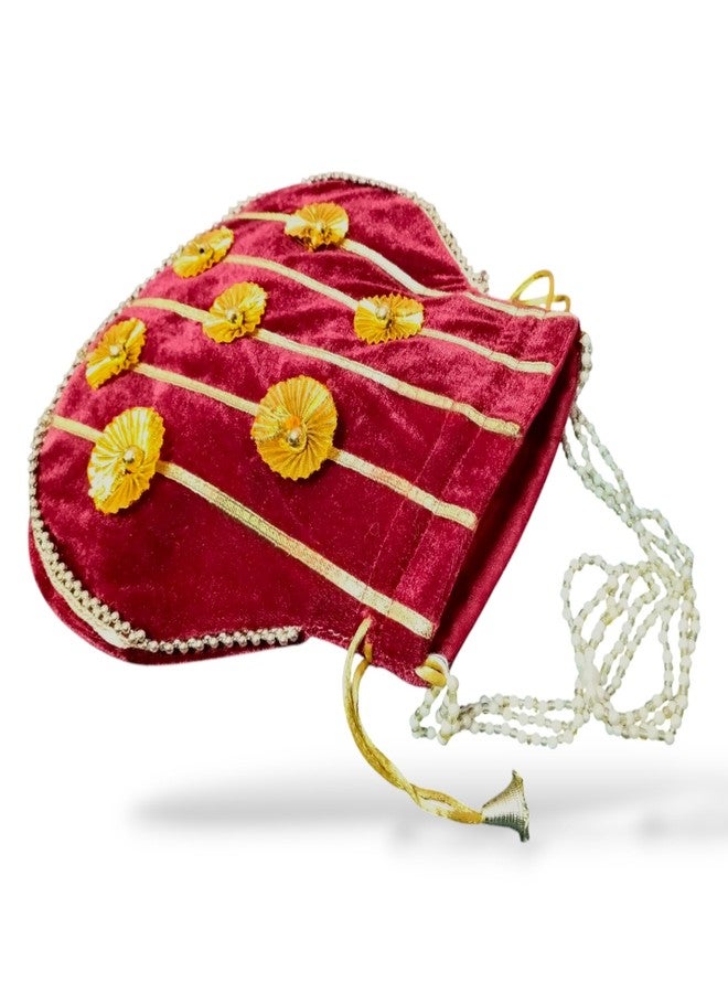 SUMERA WARQ Velvet Potli Bag, Red with Gold Embellishments and Pearl Detailing, Traditional Women's Handbag - Image 5